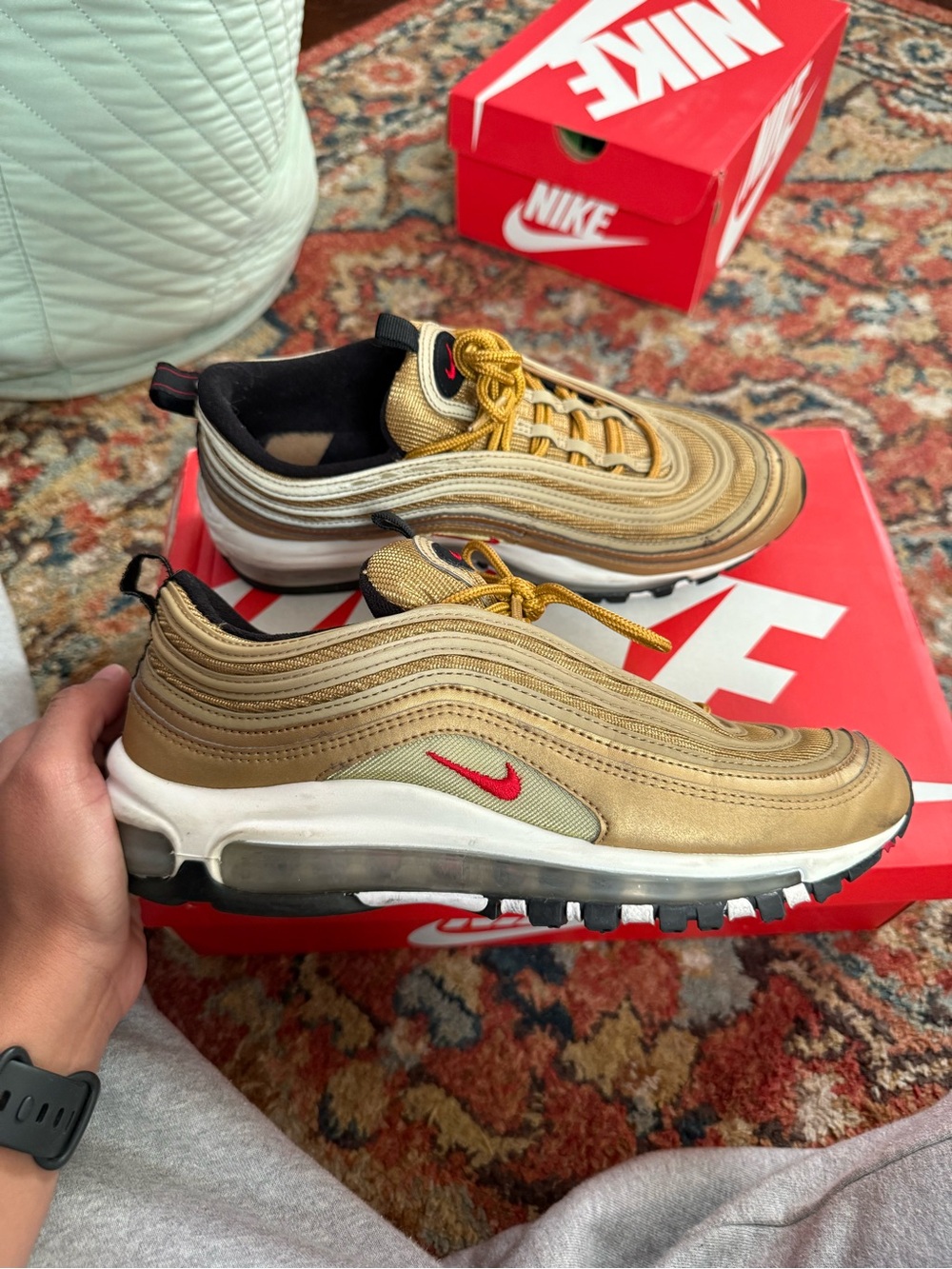 Nike Men’s Air Max 97 Gold with Red Swoosh